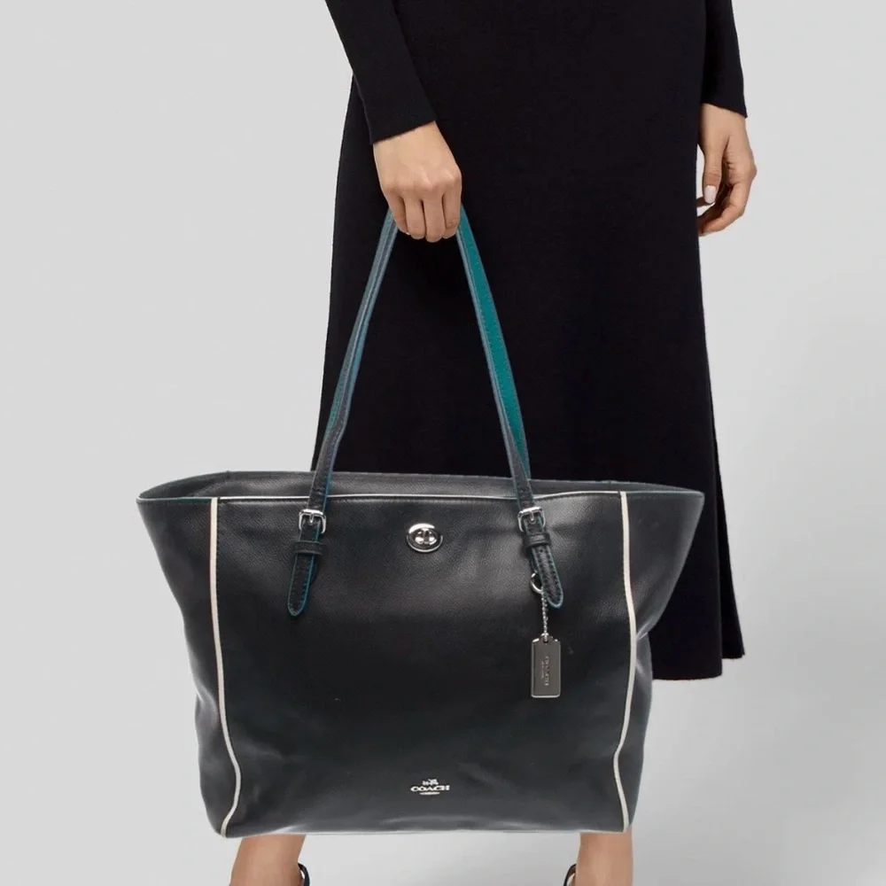 Coach Black and Turquoise All Leather Tote - White Accents & Silver Hardware